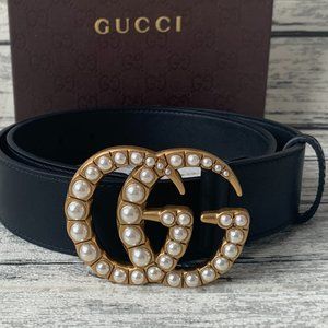 Leather belt with pearl Double  buckle